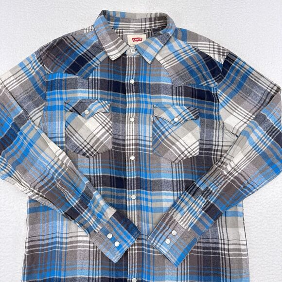 Levis Pearl Snap Button Up Shirt Mens Size‎ Small Blue Plaid Western Rancher - Picture 1 of 11
